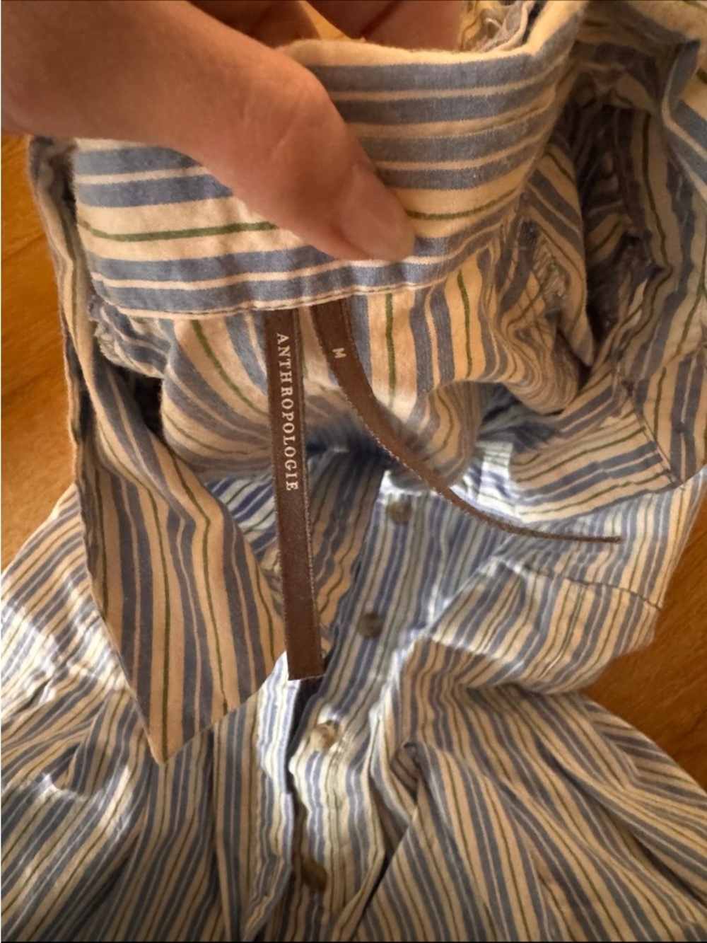 Anthropologie Blue and White Striped Puff-Sleeve Button Dress - Picture 2 of 2
